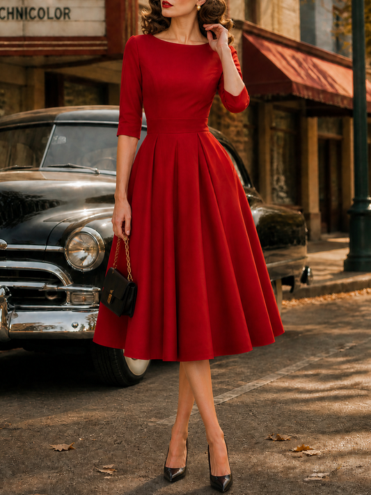 1950s-Inspired Red 3/4 Sleeve Full-Skirt Midi Dress With Pockets