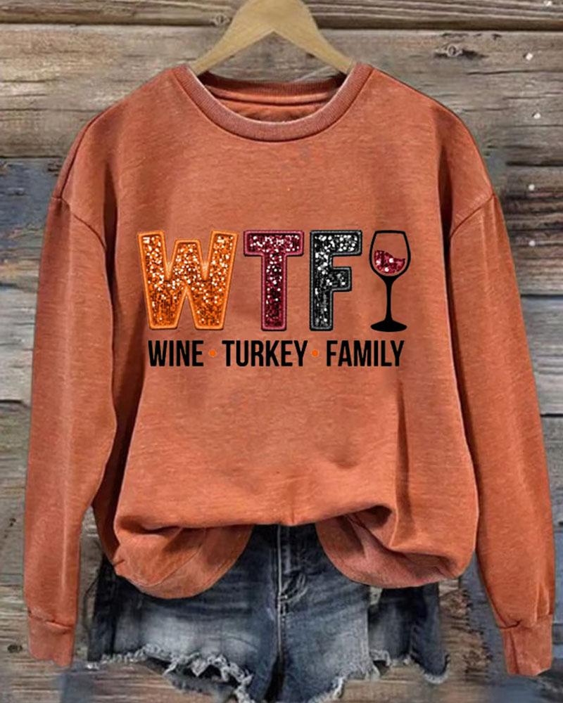 Women's Thanksgiving Wine Turkey Family Print Round Neck Sweatshirt