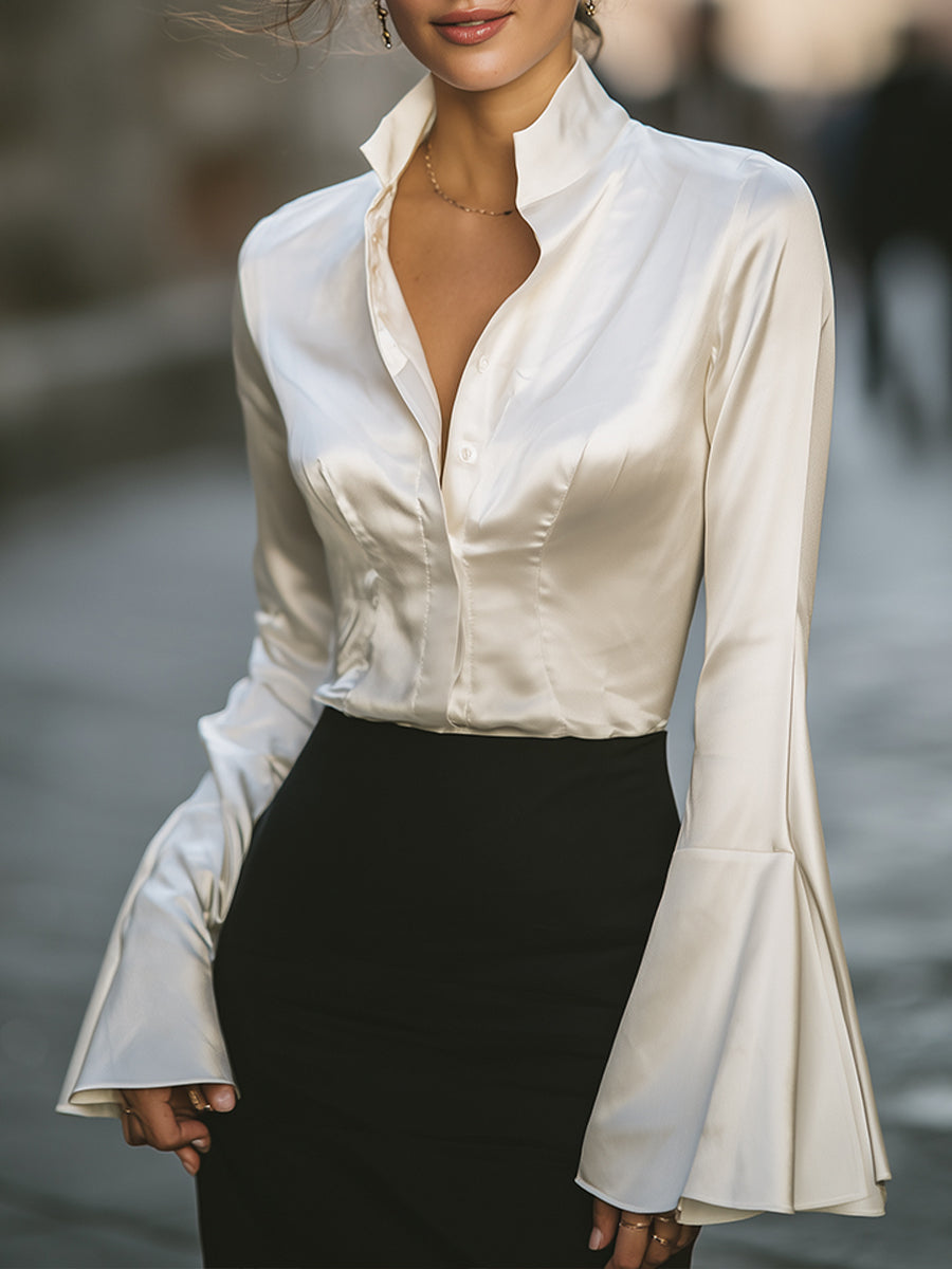 Vintage-Inspired Bell-Sleeve Satin Blouse