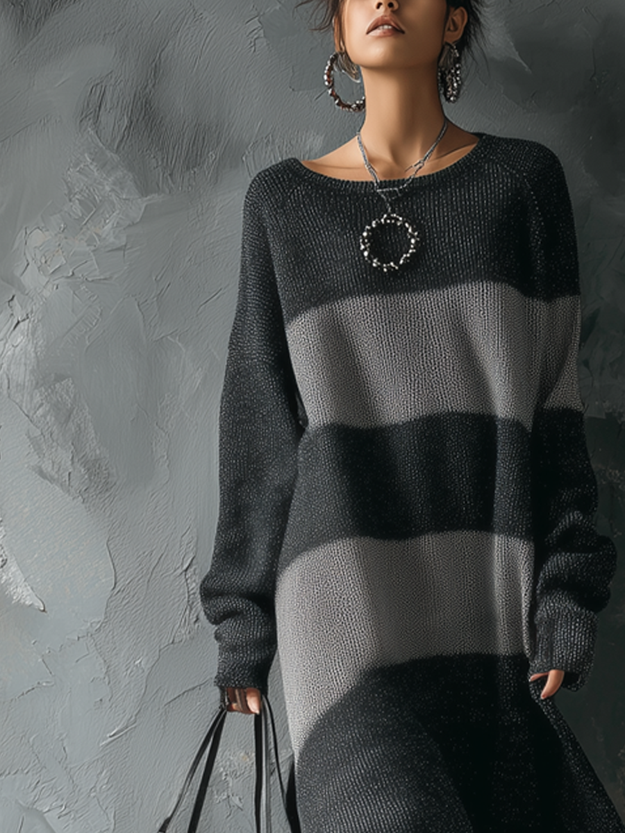 Retro Round Neck Contrast Color Knitted Midi Dress