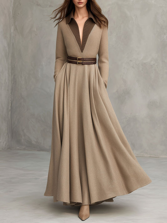 Elegant A-Line Contrast Lapel Long Camel Wool Coat Dress