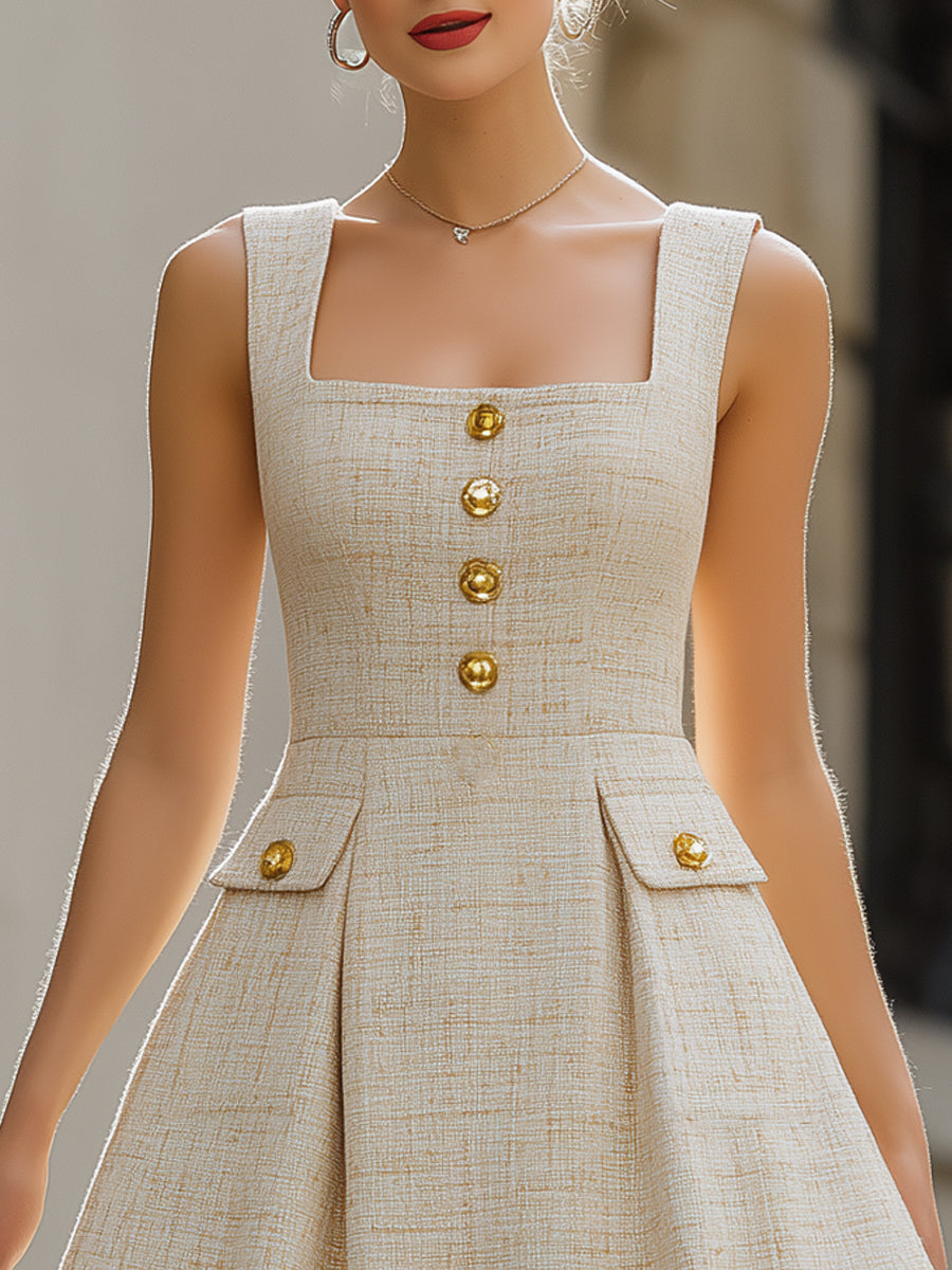Beige Tweed Square-Neck Button-Detail Mini Dress