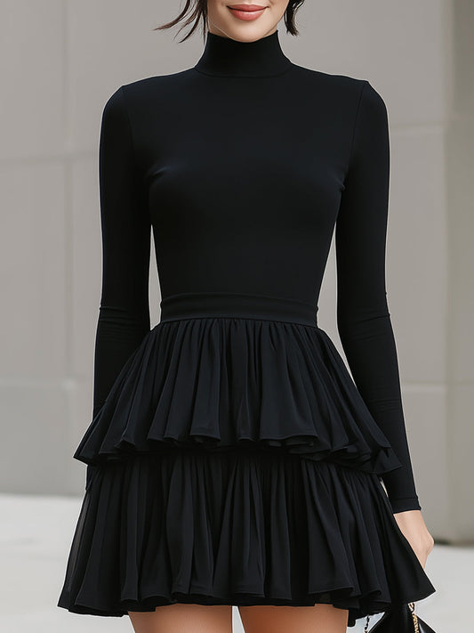 Black Turtleneck Tiered Ruffle Mini Dress