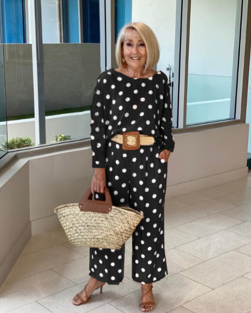 Polka dot long sleeve top wide leg pants set plus size suit