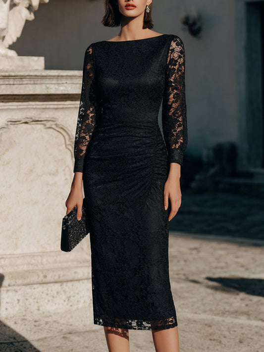 Long Sleeve Lace Midi Dress With Sculpted Waist