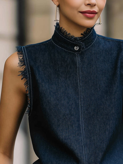 Sleeveless Fringe-Trim Denim Top