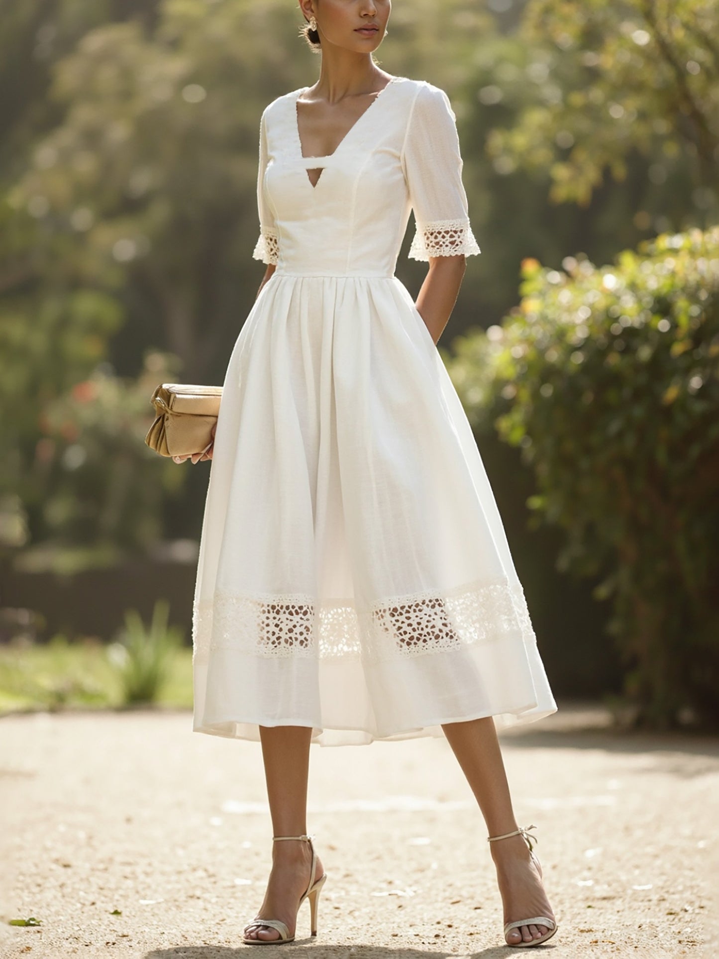 Midi Linen Dress , Half Sleeve, V Neck, Plain, Lace, French Vintage, White