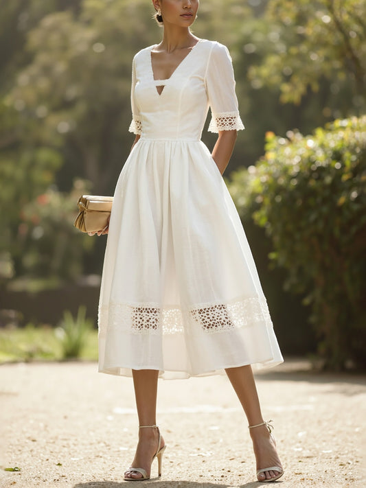 Midi Linen Dress , Half Sleeve, V Neck, Plain, Lace, French Vintage, White