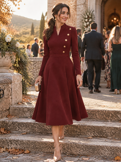 Stand Collar V-Notch Gold Button Decor Fit And Flare Midi Dress