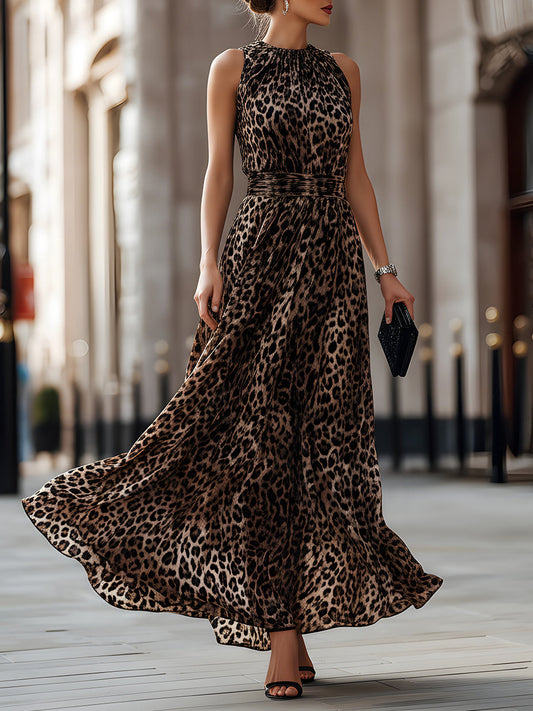 Sleeveless Leopard Print Flowing Maxi Dress