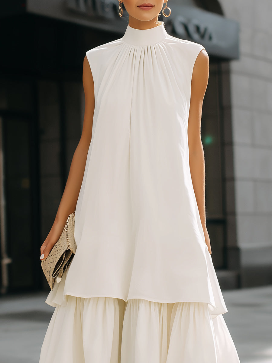 High Neck Layered Hem Midi Dress