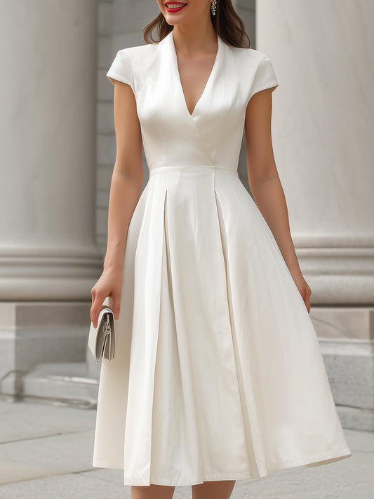 Ivory Satin V-Neck Pleated Midi Dress