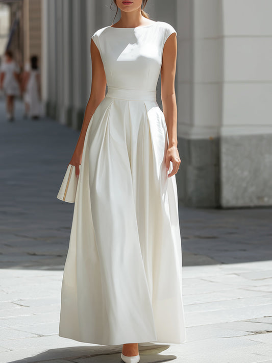 Ivory Cap Sleeve Pleated Maxi Gown