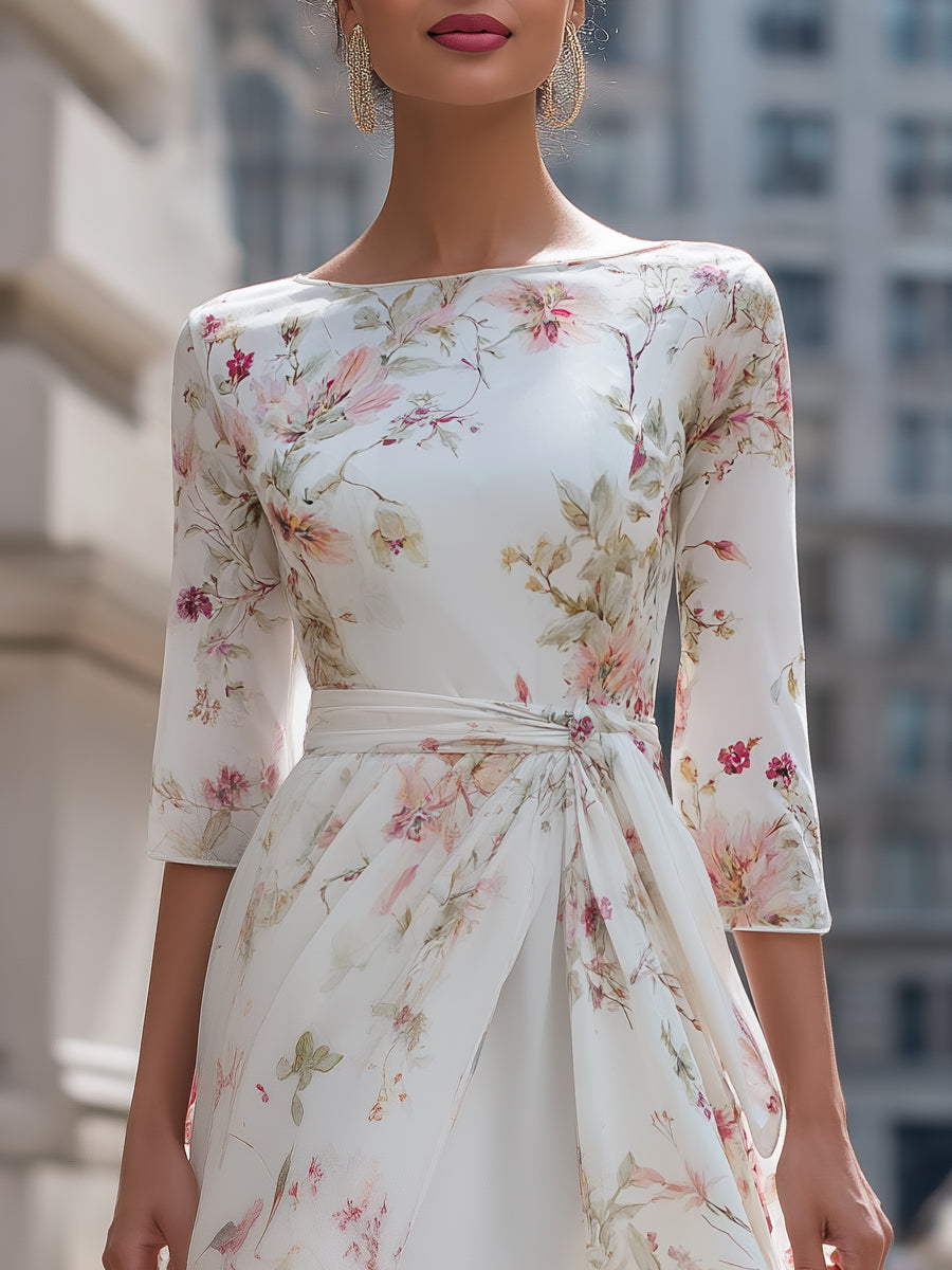 Floral Chiffon Asymmetrical Midi Dress With Waist Tie