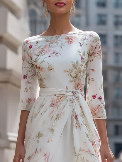 Floral Chiffon Asymmetrical Midi Dress With Waist Tie