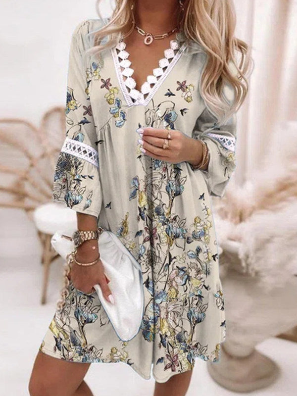 V-neck Printed Lace Stitching Bohemian Casual Boho Tunic Dress