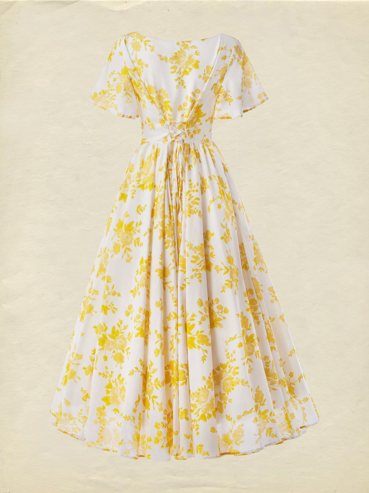 Linen Maxi Dress, Bell Sleeve, Boat Neck, Floral, Vintage, Yellow