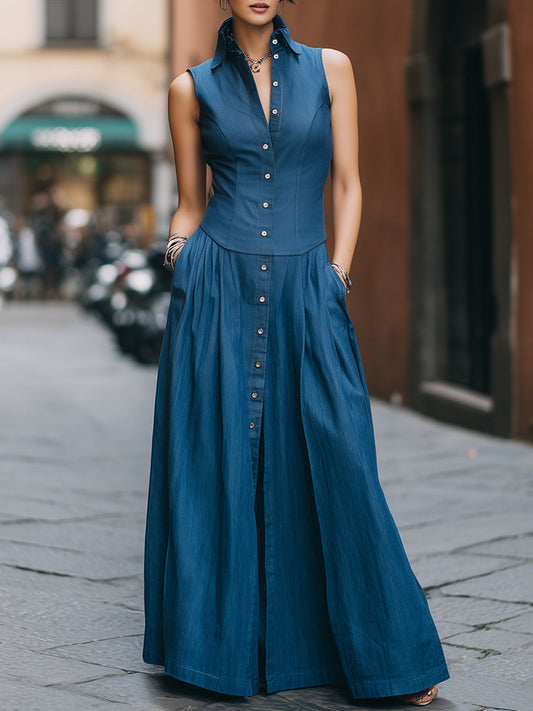 Sleeveless Faux Denim Button-Front Maxi Dress With Tailored Bodice