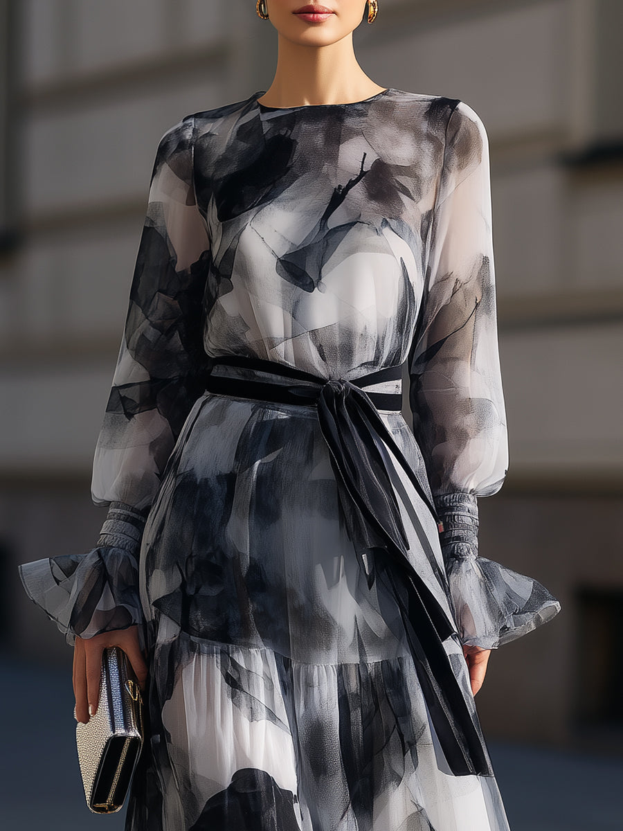 Abstract Print Tie Waist Maxi Dress