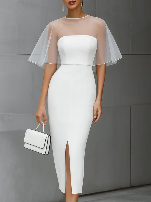 White Sheer Cape Overlay Midi Sheath Dress With Front Slit