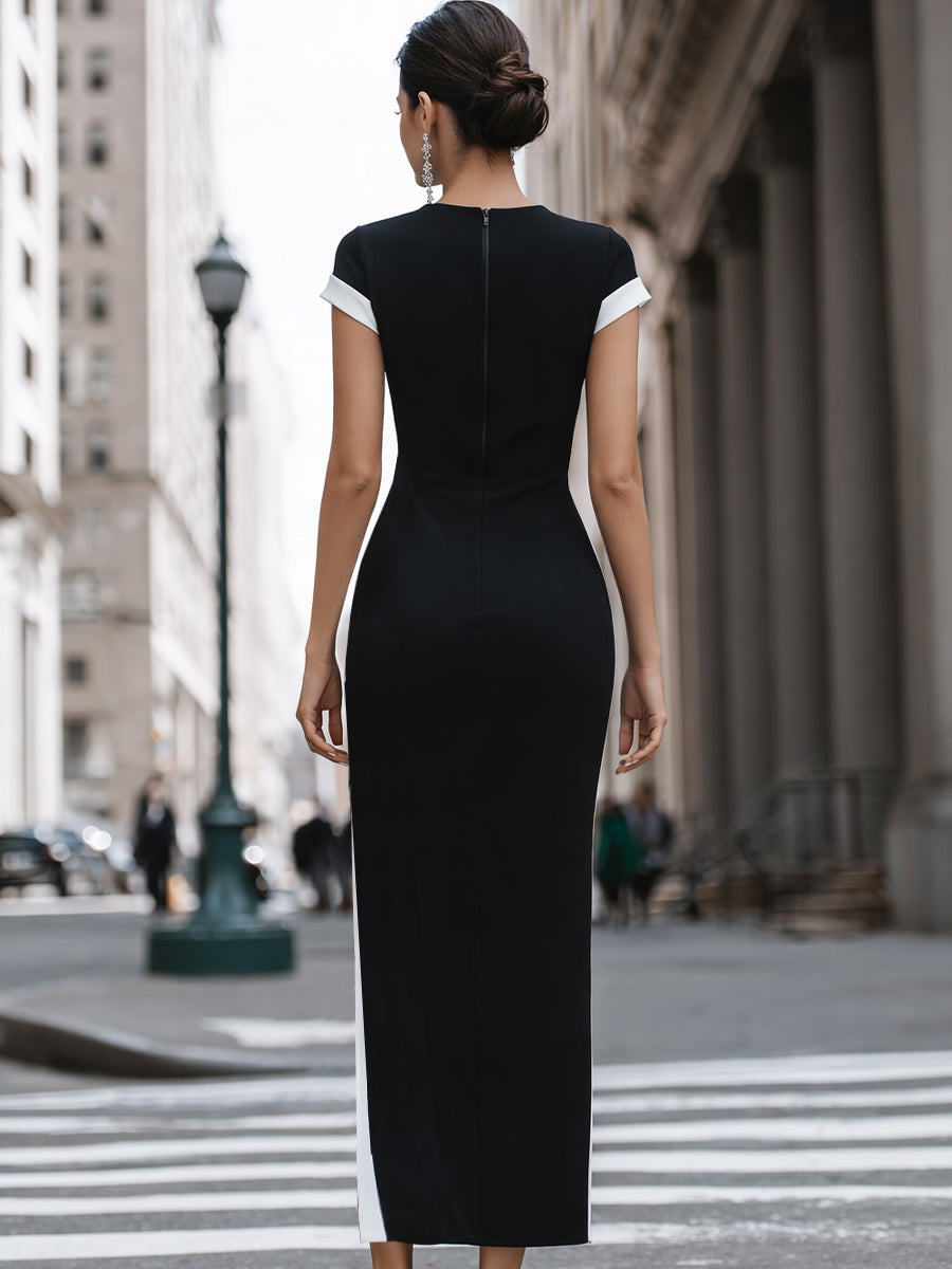 Monochrome Colorblock Column Maxi Dress With High Side Slit
