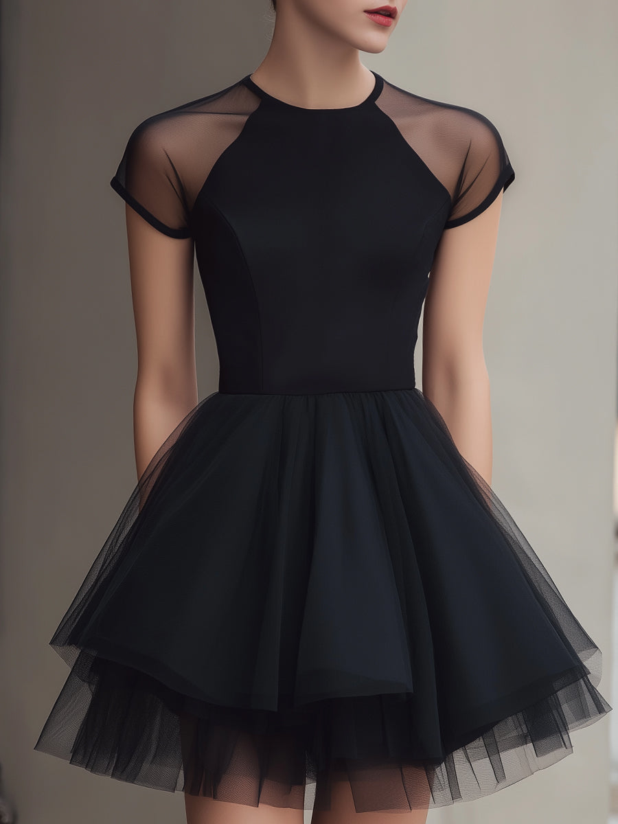Sheer Panel Short Sleeve Tulle Mini Dress