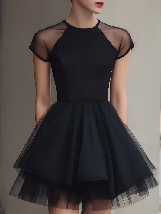 Sheer Panel Short Sleeve Tulle Mini Dress