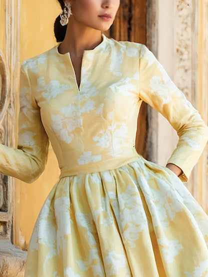 Midi Linen Dress, Long Sleeves, V Neck, Floral, Pocket Design, Vintage, Yellow