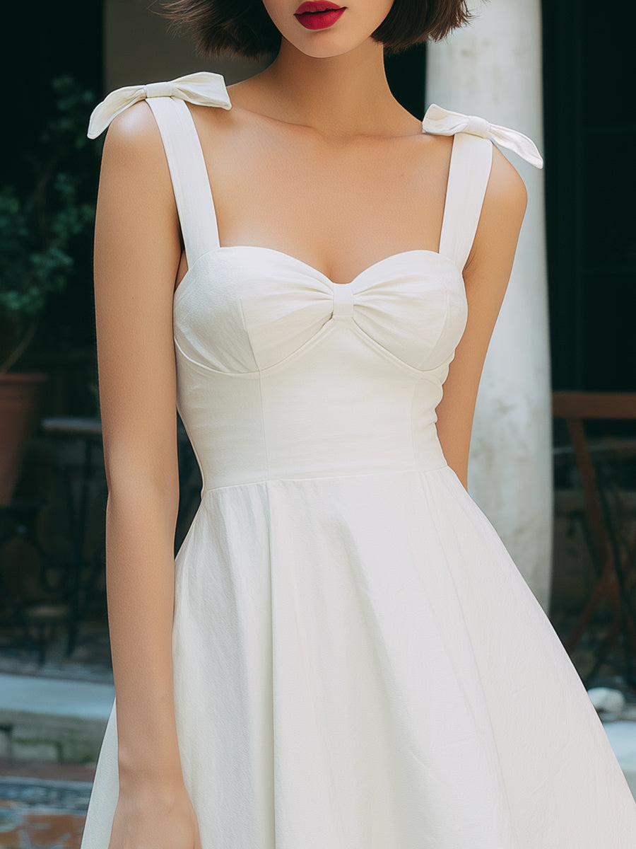 Ivory Bow-Strap Fit & Flare Mini Dress