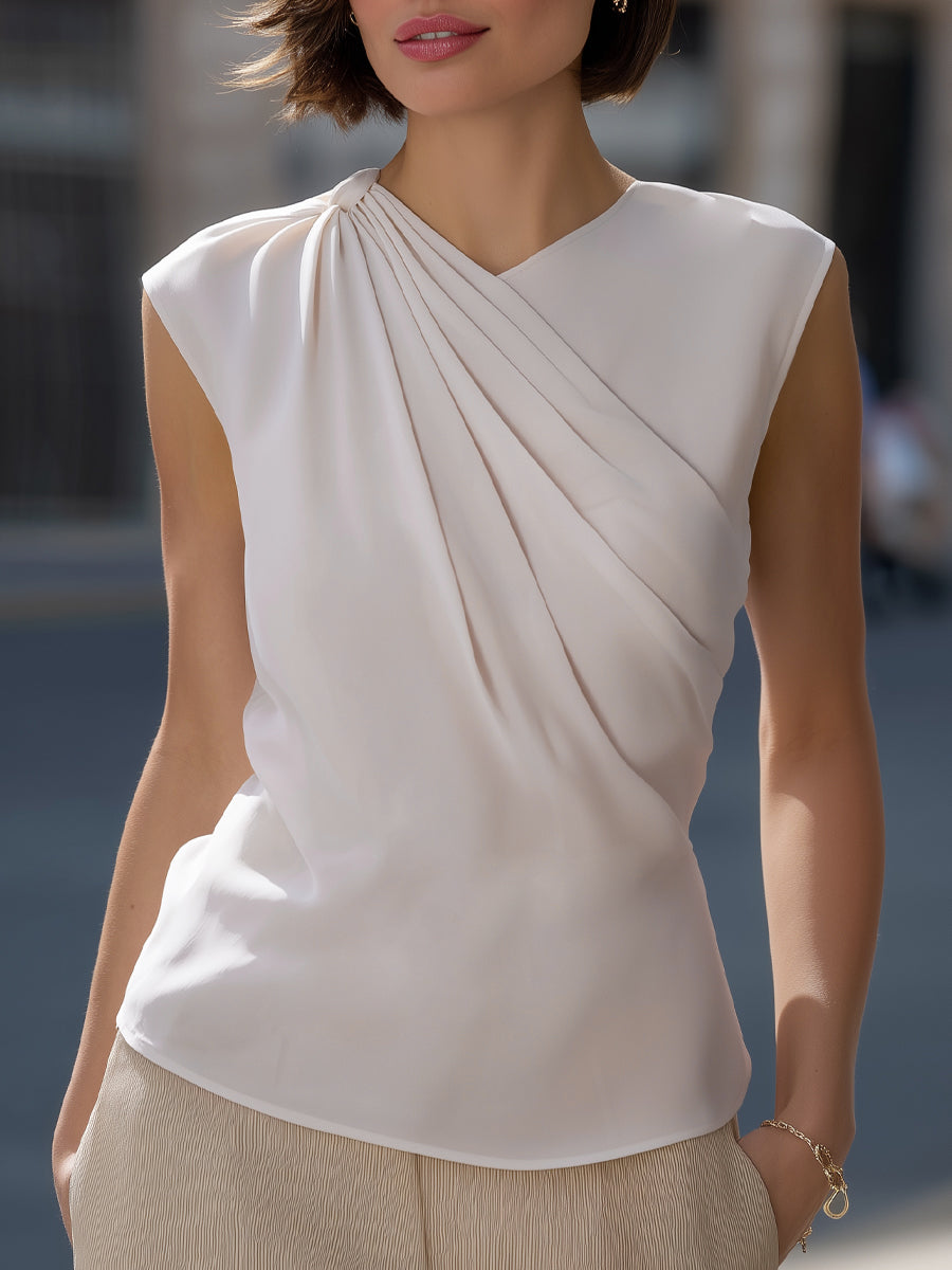 Asymmetric Pleated Sleeveless Draped Blouse
