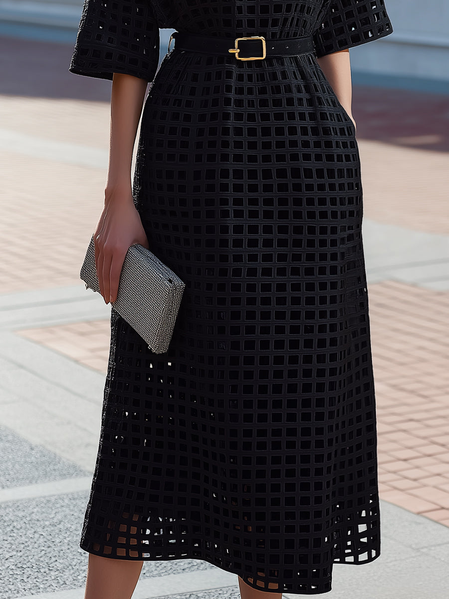 Structured Cutout Grid Midi Dress With Lining