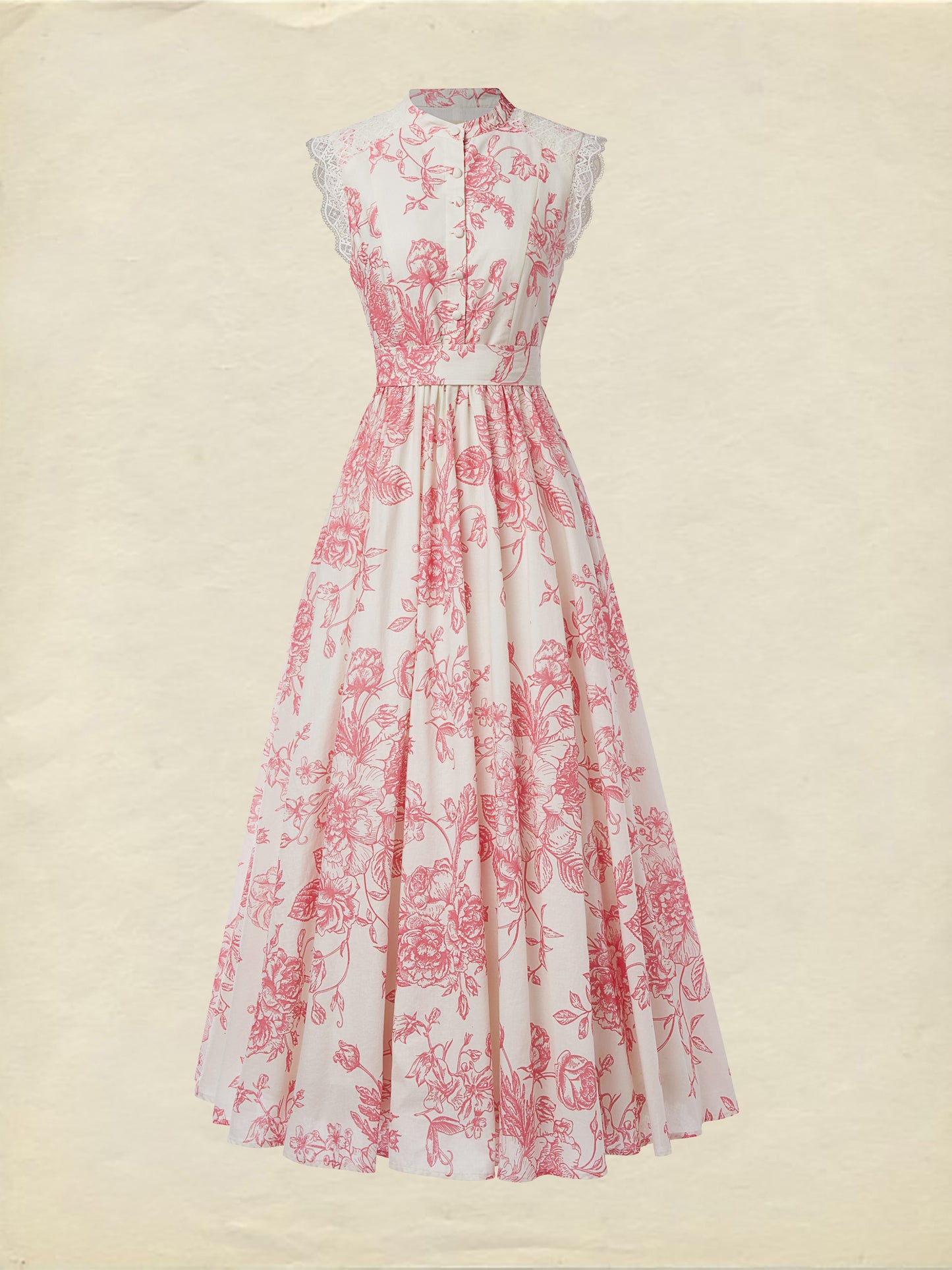 (SIZE:XS-XXL) Maxi Linen Dress , Cap Sleeves, Stand Collar, Floral, Lace, Vintage, Blue