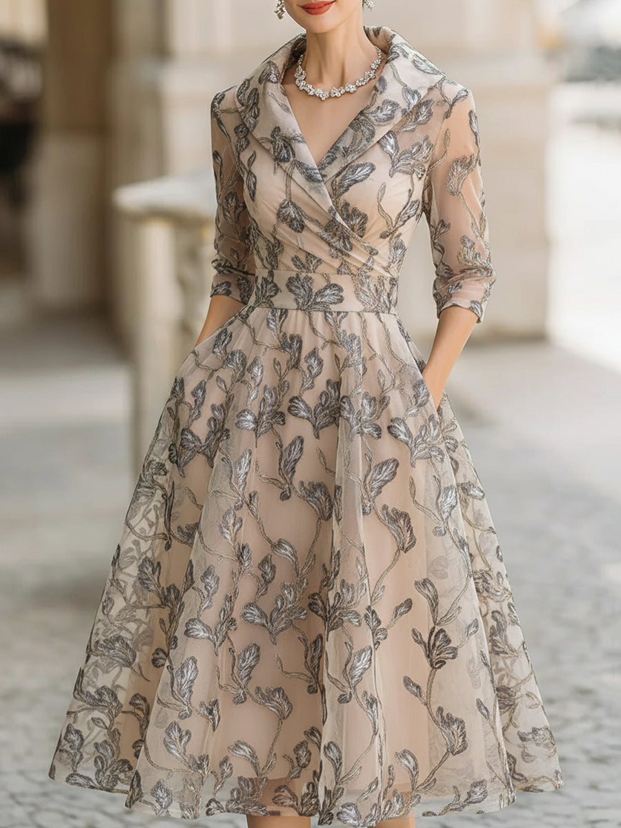 KSXTXX Embroidered Mesh Midi Dress With Metallic Leaf Motif