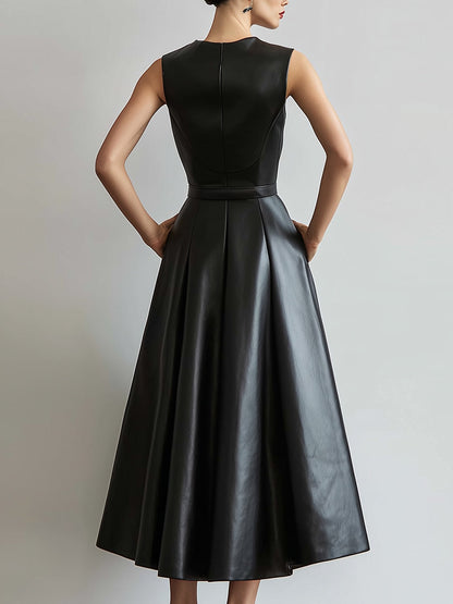 Sophisticated Faux Leather Black Midi Dress With Belted Waist