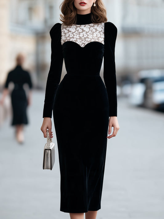 Elegant Velvet Long Sleeve Midi Dress with Lace Panel