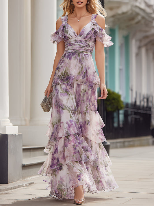 Cold Shoulder Floral Tiered Maxi Dress
