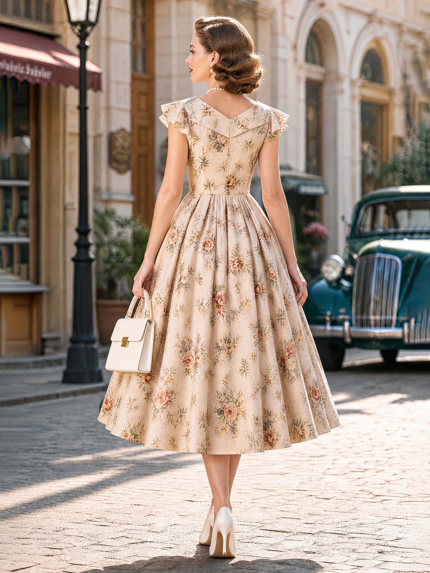 Vintage Floral Square Neck Swing Dress