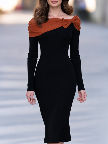 Women’s Elegant Off-Shoulder Black Contrast Bow Detail Knit Dress