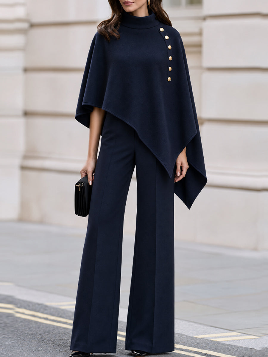 High Neck Gold Button Asymmetric Cape Top & Wide Leg Trousers Co-Ord Set