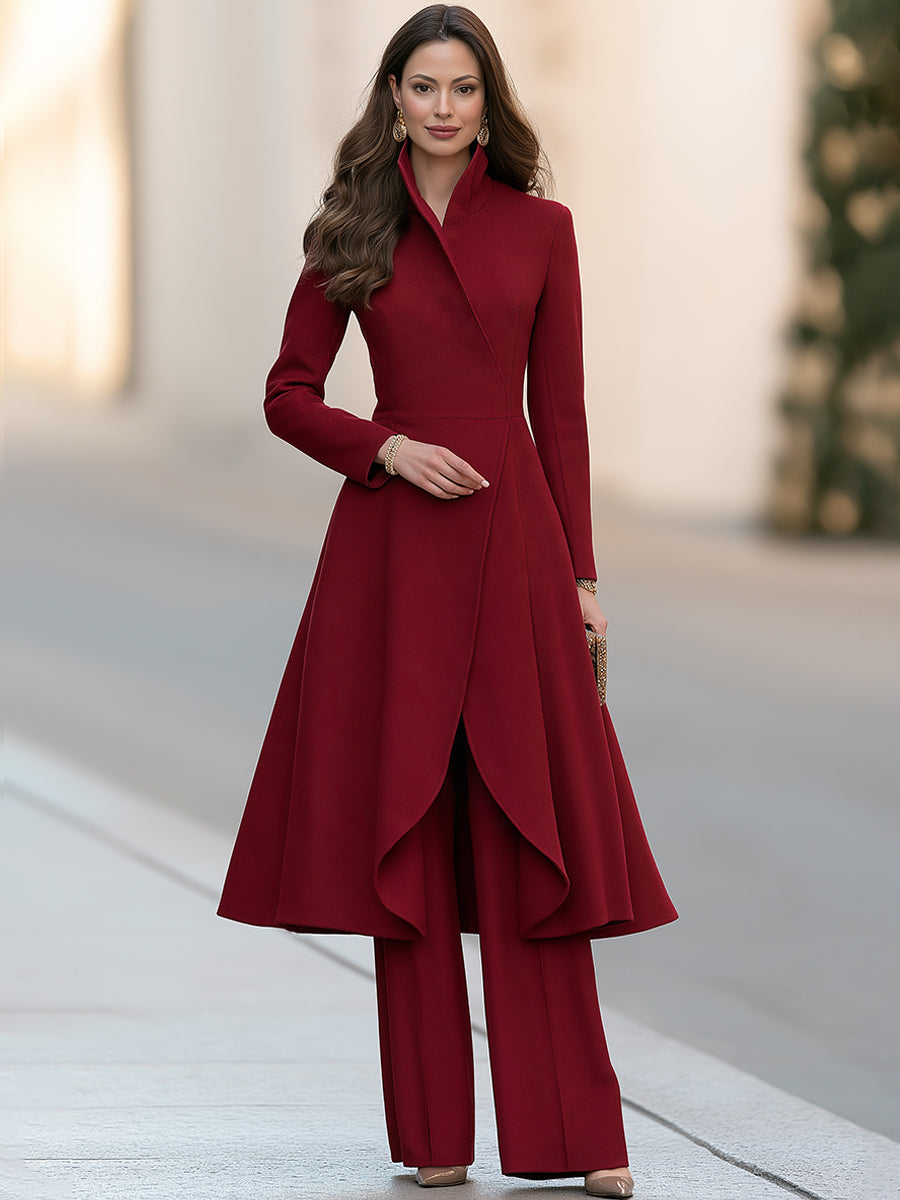 Elegant Burgundy High-Neck Long-Sleeve A-Line Coat-Style Dress and Wide-Leg Trousers Set