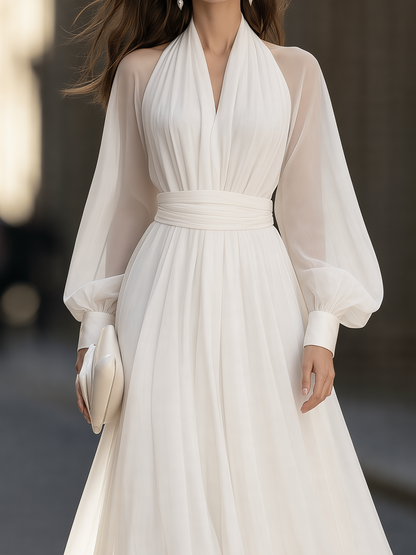 Halter-Neck Balloon-Sleeve Maxi Dress With Ruched Waist