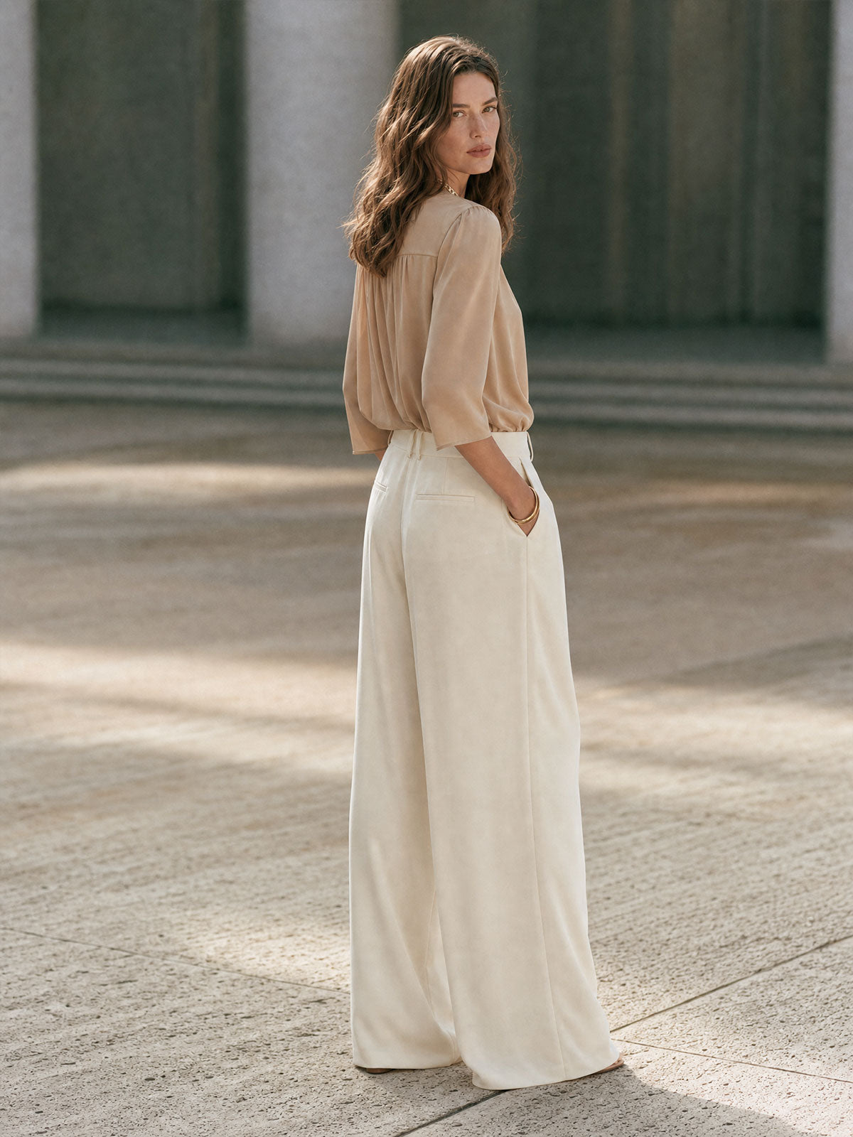 Women's Elegant Wide Leg Pleated Trousers with Satin Blouse