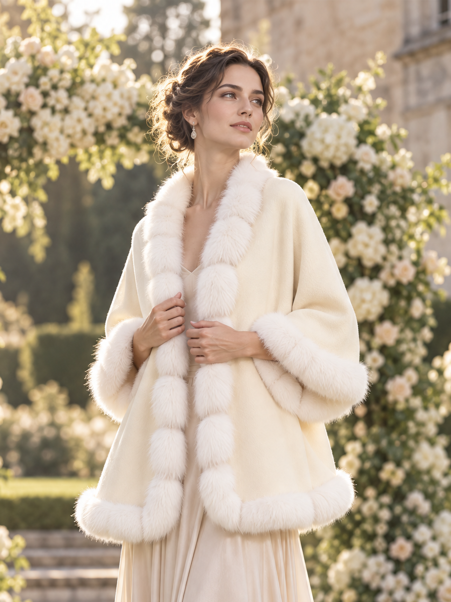 Elegant Shawl Collar Faux Fur Trim Wool Cape Coat
