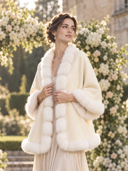 Elegant Shawl Collar Faux Fur Trim Wool Cape Coat