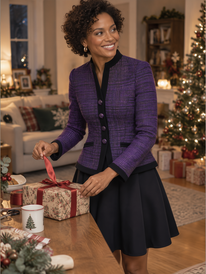Purple Tweed Black Trim Mandarin Collar Fitted Jacket