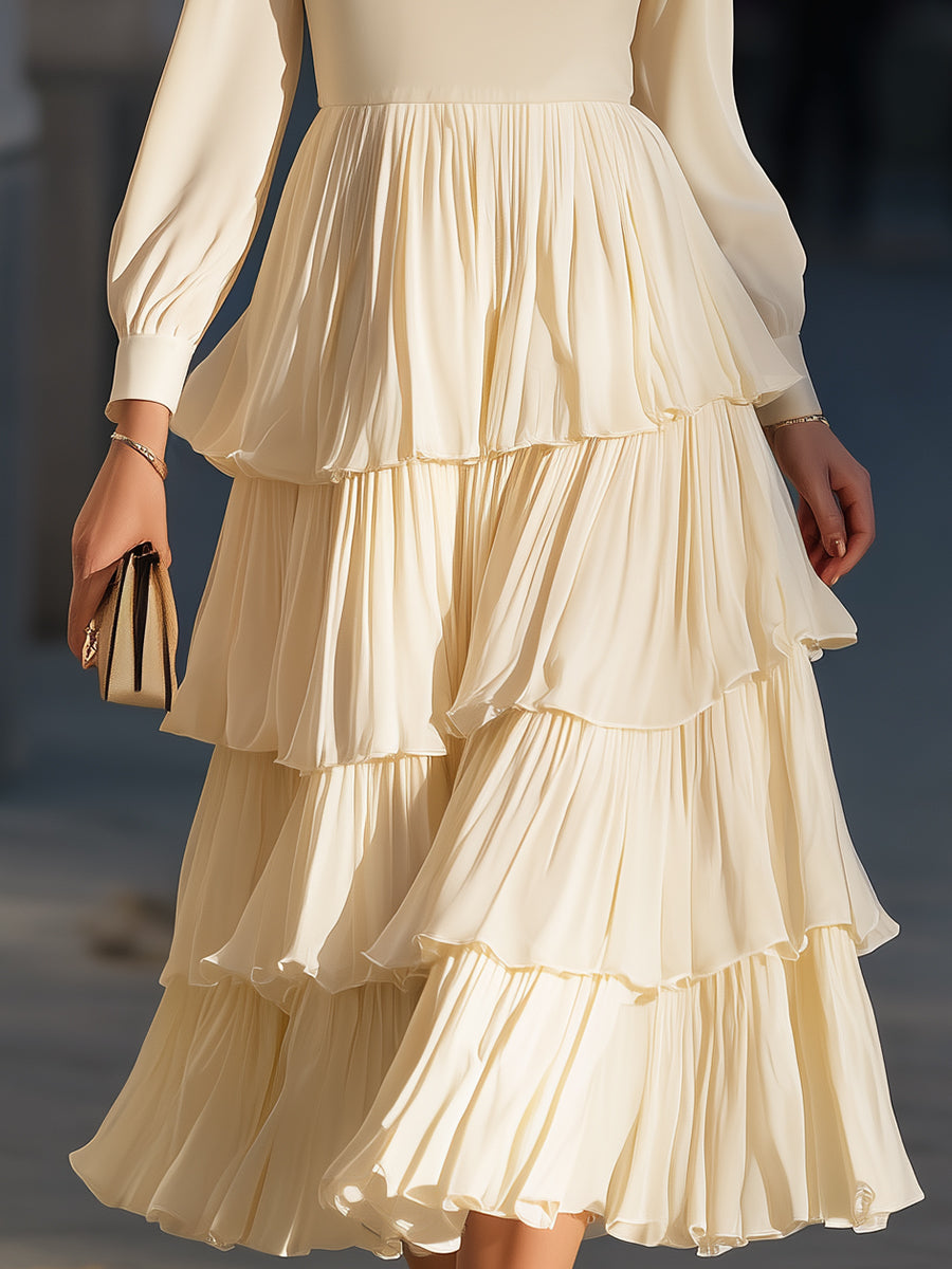Dreamy Ivory Tiered Pleated Midi Dress