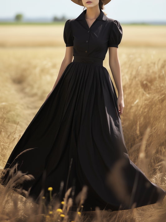 Maxi Cotton Dress, Short Sleeve, Shawl Collar, Plain, Summer, Black