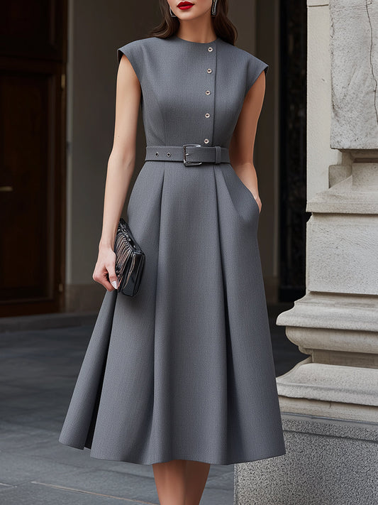 Belted Button-Detail Tailored Midi Dress