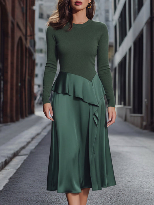 Knit Bodice Midi Dress With Satin Asymmetrical Ruffle Skirt