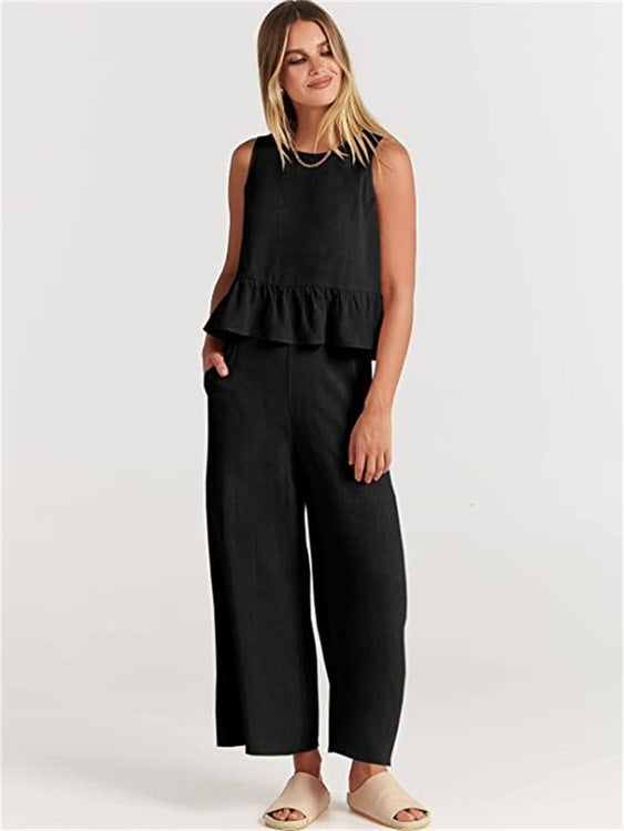 Sleeveless Pleated Vest Wide-Leg Cropped Pants Casual Suit